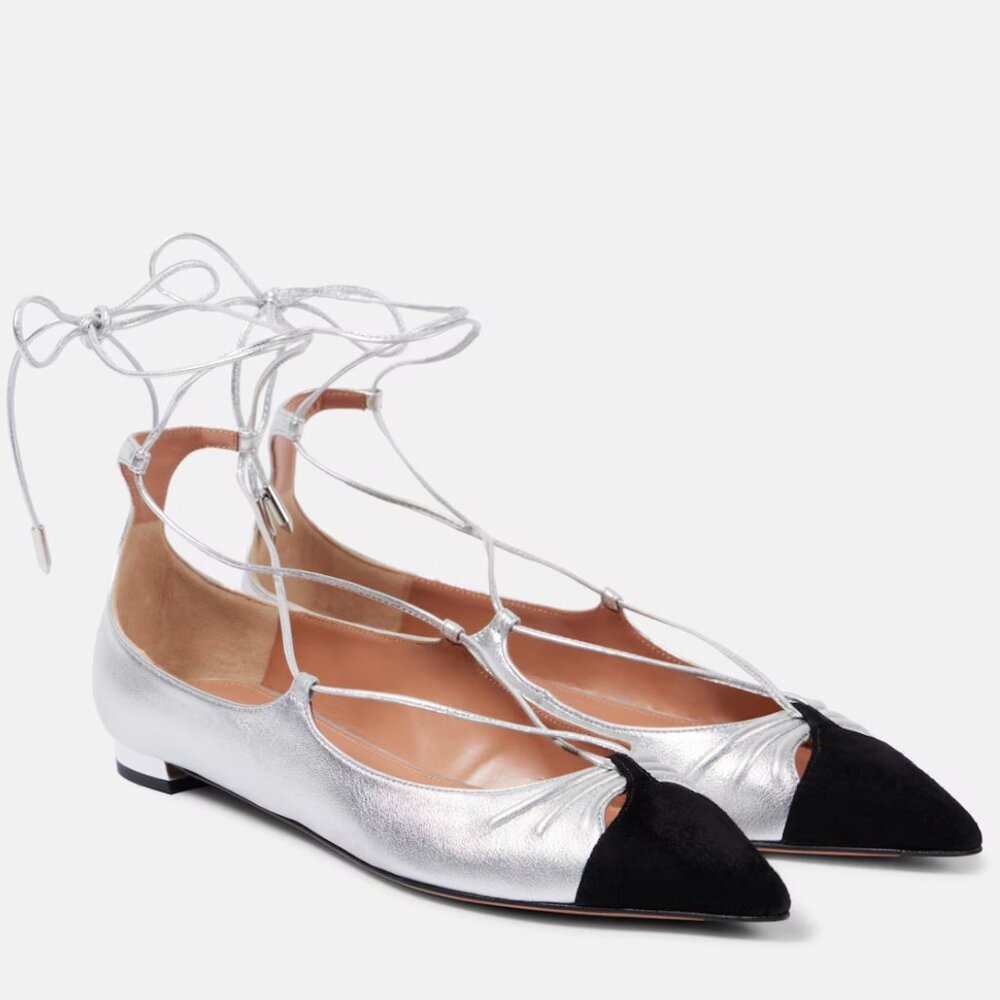 Gabi suede-trimmed metallic leather flats